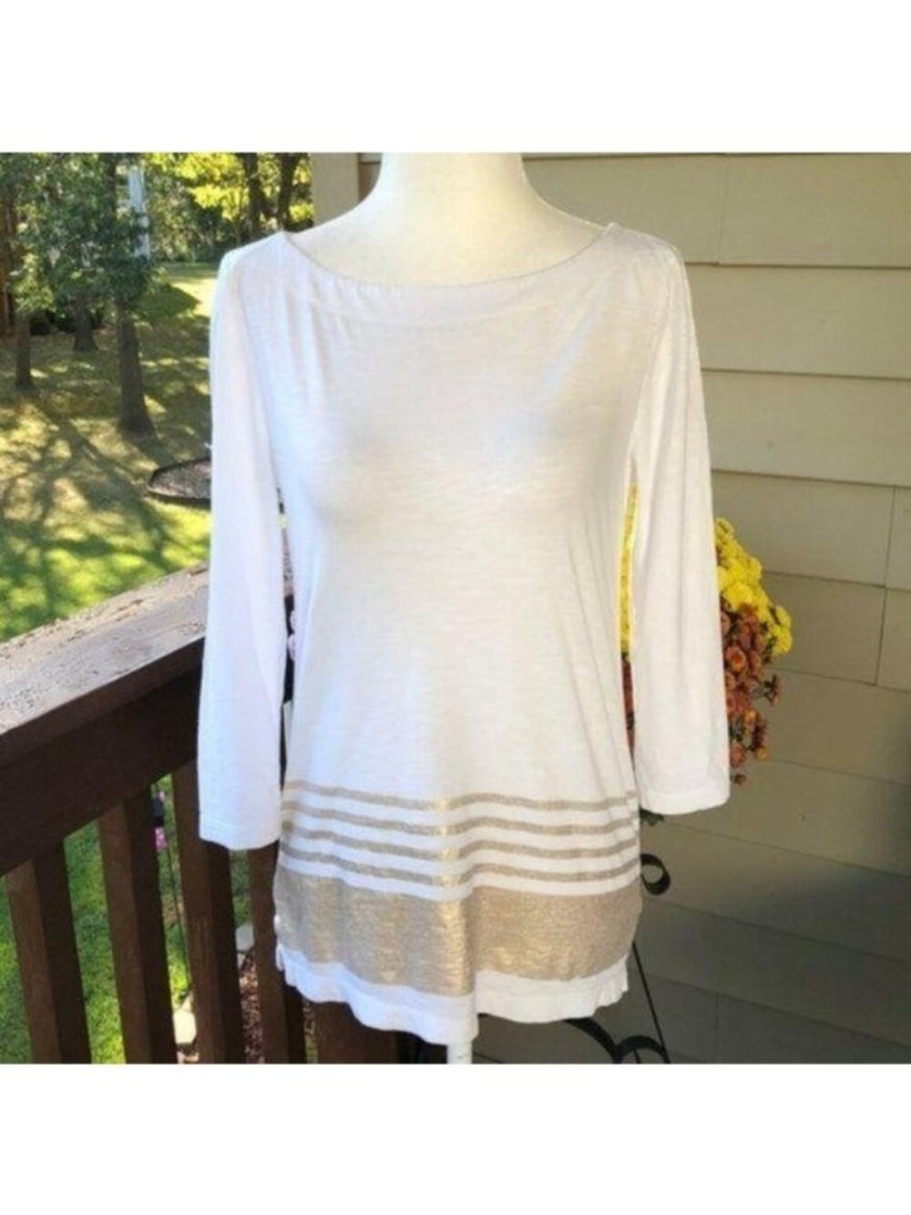Loft Women's Ivory & Gold Stripe Boat Neck Top Boat Neckline 3/4-Sleeves Size XS